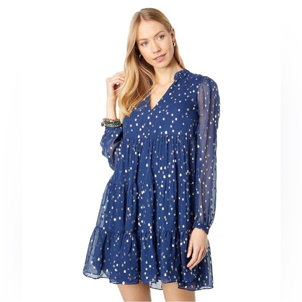 Lilly Pulitzer Sarita Silk Swing Dress in High Tide Navy Gold Metallic Size 10‎